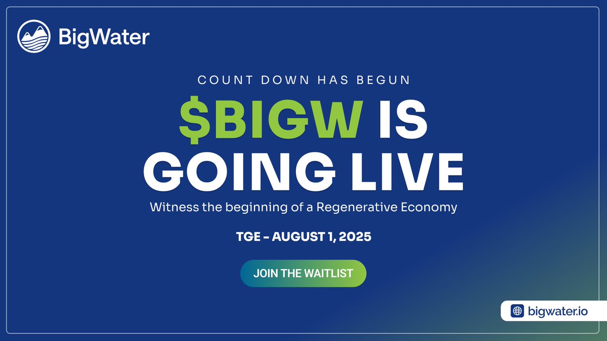 BigWProtocol's tweet image. The countdown has begun.

$BIGW is going live on August 1, 2025 

This marks the beginning of a real-world economy powered by regeneration, not extraction.

Clean air. Clean water. Real impact.

Big announcements coming soon!

Join the waitlist 👇
🔗 bigwater.io