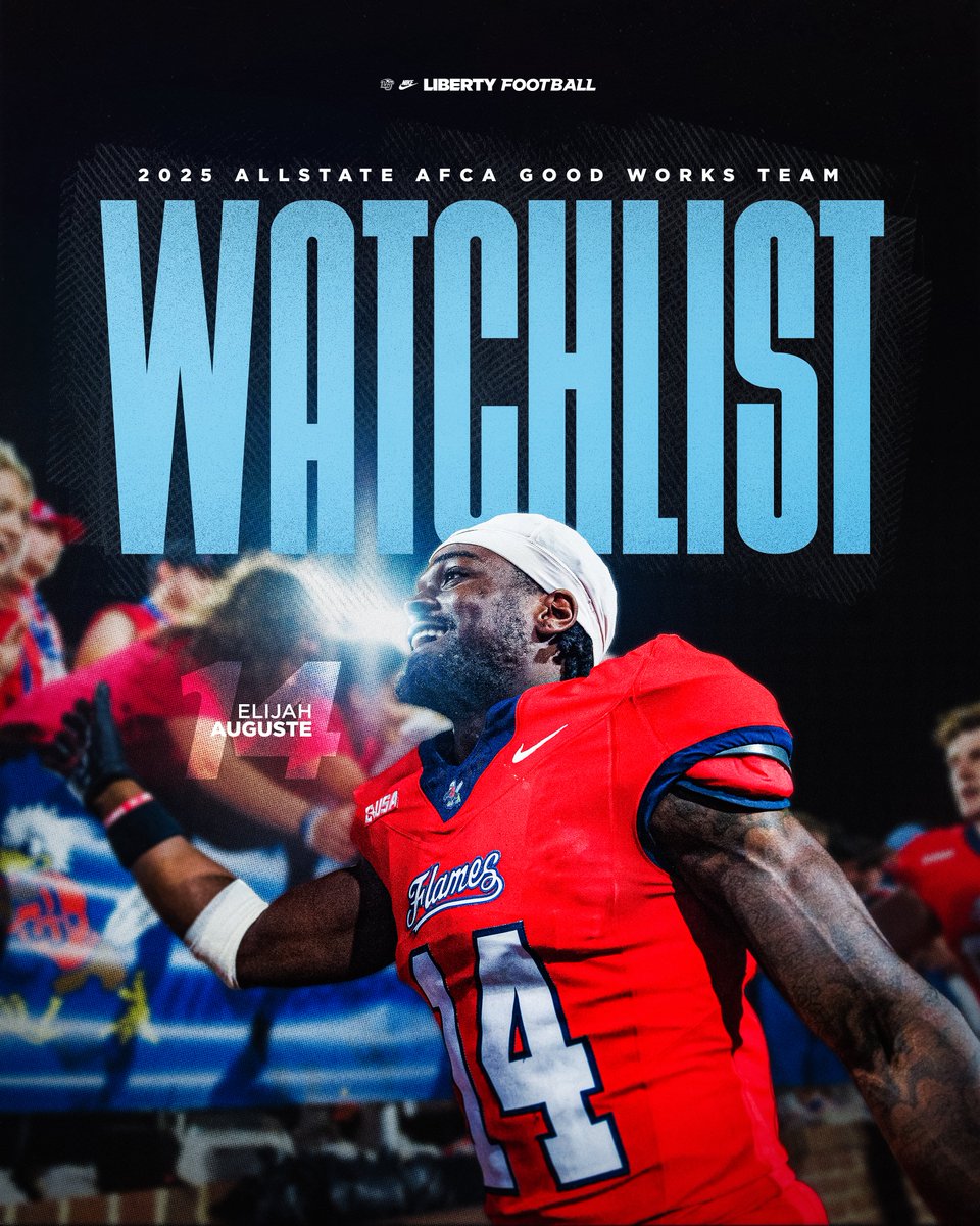 Community Contributor 🤝  

<a href="/EliAuguste2/">Eli Auguste</a> has been named to the Allstate <a href="/WeAreAFCA/">AFCA</a> #GoodWorksTeam Watchlist!  

Read More: libertyflames.co/4eQgEx3