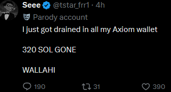 _TrendingCrypto's tweet photo. Nova, "drained", Axiom and many other SOL memecoins trading platforms are trending on CT amid major wallet drain allegations shaking Solana trading bot circles.

Users are reporting getting drained for hundreds of SOL while using @TradeonNova to the tune of over 16k SOL (~$3m) cumulatively. Screenshots show emptied wallets. And @orangie who is a prominent influencer of @TradeonNova has been publicly called out.

Meanwhile, Axiom, once seen as a safer alternative, is also catching strays—users claim losses from using trading bots, including one report of $220k drained, possibly from a scam bot. Others say their Axiom wallets were drained, though specifics remain unclear.

The drama has intensified comparisons between Axiom, Nova, BullX, and Photon, with many  questioning security across all Solana perp bots. Axiom still holds favor for its Y Combinator backing, speed, and transparency—but the trust crisis is spreading fast.

Follow @_TrendingCrypto and turn on notifications 🔔 for explanations of trends on CT as they unfold!