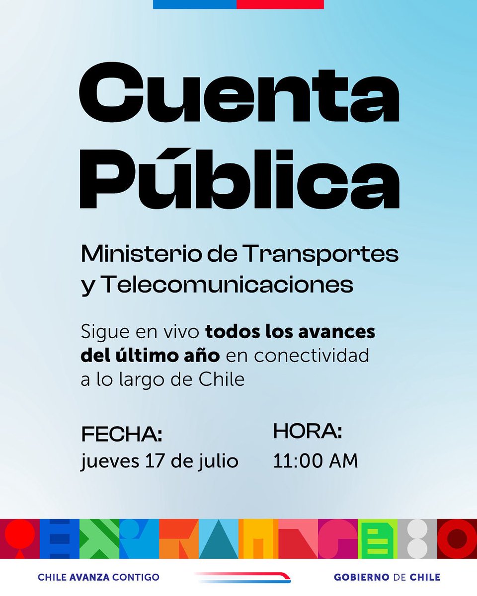 ¡Tenemos muchos avances que contarte en esta #CuentaPúblicaMTT! 🚊📡🚍⚡️

Acompáñanos este jueves 17 de julio a las 11 AM en nuestro canal de YouTube 

youtube.com/@mttchile🛜