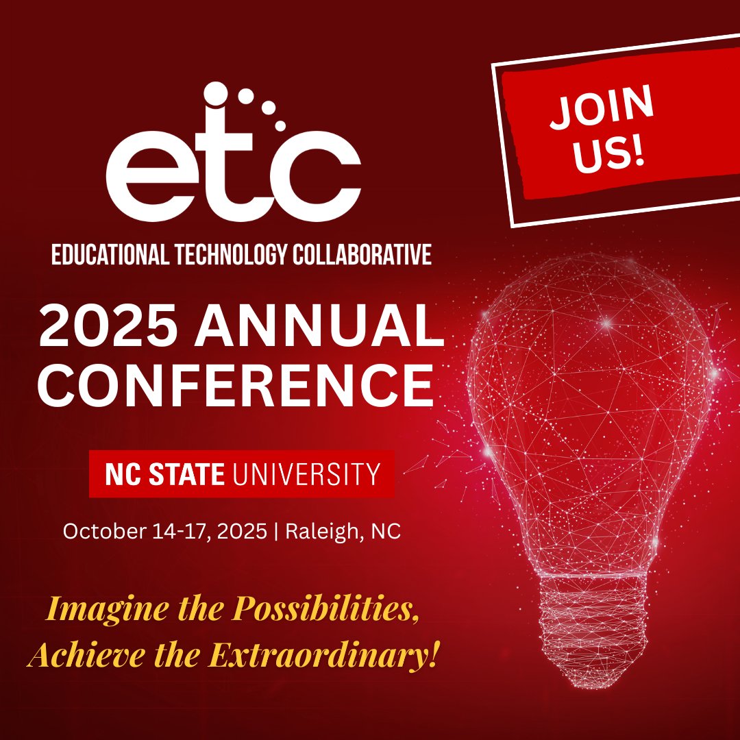 Ed_Tech_Collab's tweet image. Early Bird Pricing Ends Soon!

Join us this fall for the 2025 ETC Annual Conference, hosted by North Carolina State University in Raleigh, NC from October 14–17!

Early bird pricing ends July 31 — register now and save!
etcollaborative.org/2025-annual-co…

#ETC2025 #HigherEdTech #AVTweeps