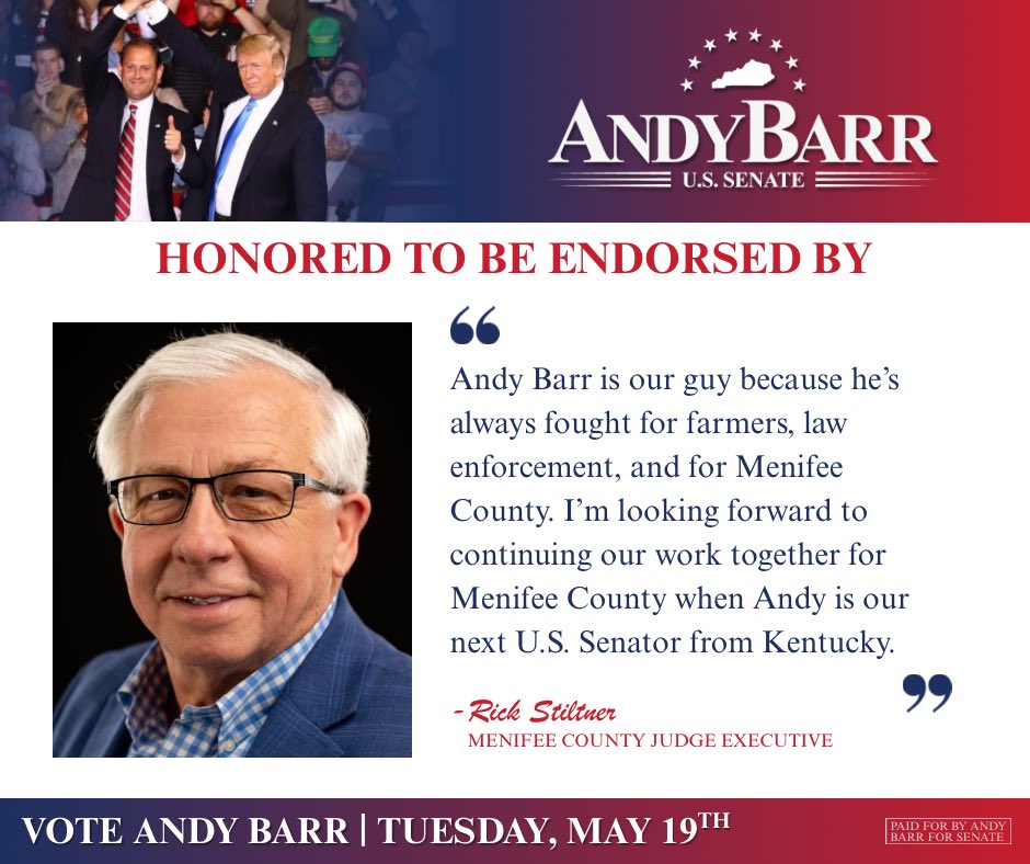 barrforsenate's tweet image. Honored to have Rick Stiltner behind my campaign for U.S. Senate. Rick has dedicated his life to public service—in the Kentucky State Police and now as Menifee County Judge/Executive.
We’ll fight together for our farmers, to defend law enforcement and for rural KY.