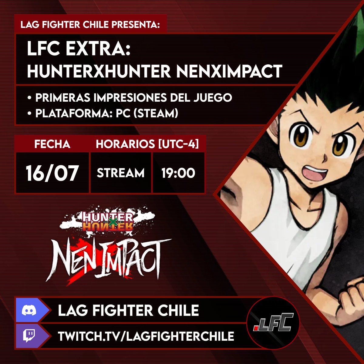 lagfightercl's tweet image. Hoy a partir de las 19:00 (UTC-4) toca probar la versión de lanzamiento de HUNTERxHUNTER NENxIMPACT en esta edición del LFC Extra.
La idea será aprender a jugar, probar un poco los modos disponibles y el online, los invito a que se pasen por el stream ✌