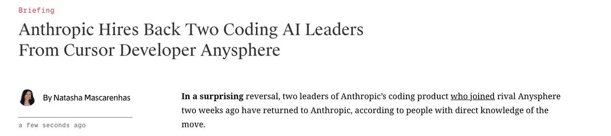 nmasc_'s tweet image. Scoop: Boris Cherny and Cat Wu are back at Anthropic, two weeks after joining Cursor. 🤯🤯🤯
theinformation.com/briefings/anth…