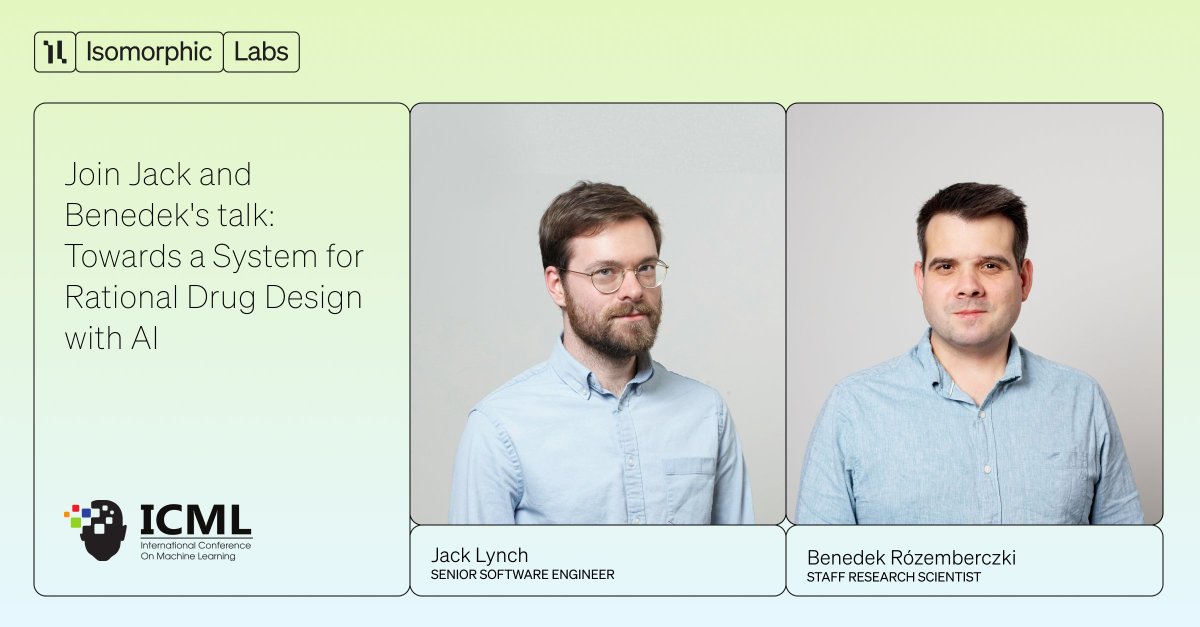 GoogleResearch's tweet image. Today at 11:30am, the team from Isomorphic Labs will be at the #ICML2025 Google booth to discuss "AI-First Drug Design at Isomorphic Labs: Towards a System for Rational Drug Design with AI".