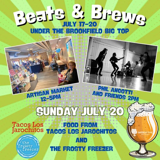 Beats &amp; Brews kicks off Thursday in Brookfield with our Bags &amp; Brews cornhole tournament, followed by three days of music, food, beer and more! On Sunday we'll host an artisan market and Tacos Los Jarochitos at 12, with music by Phil Angotti and Friends at 2pm.