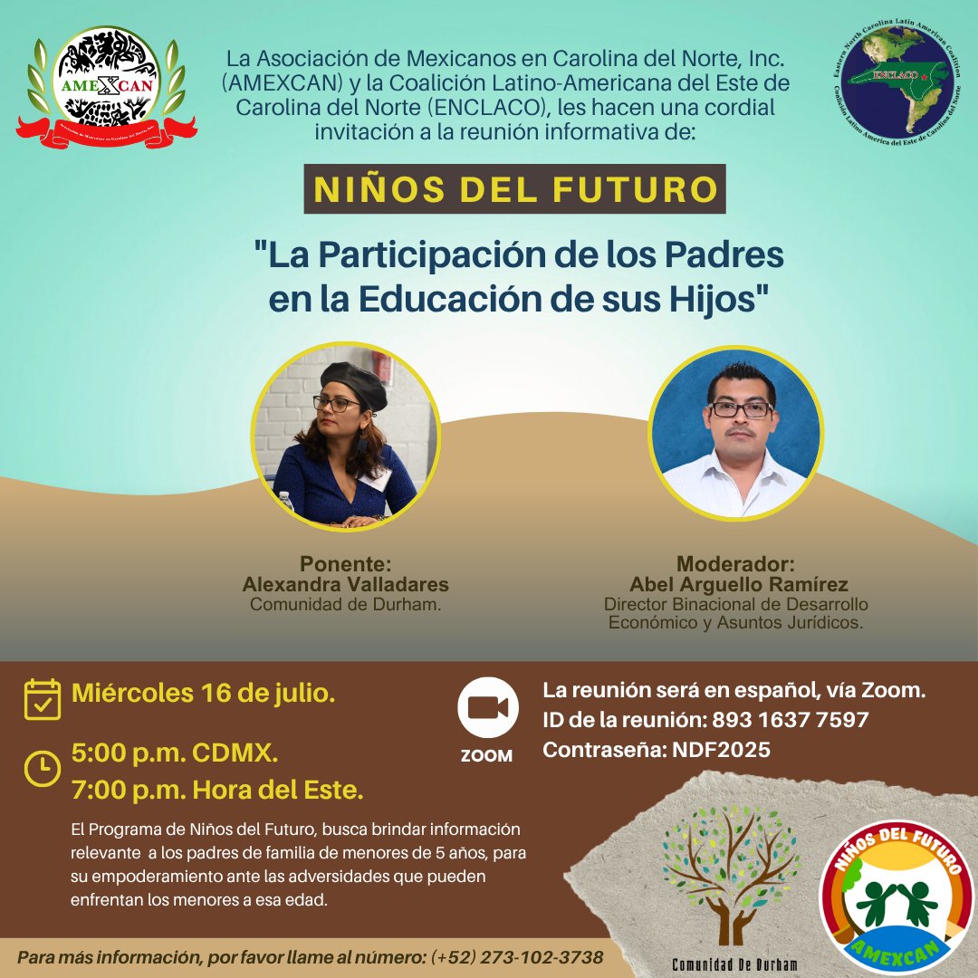 Reunión virtual de Niños del Futuro: La Participación de los Padres en la Educación de sus Hijos

HOY Miércoles 16 de julio, 2025
5:00 PM CDMX.
7:00 PM EST.

Por favor, apóyennos compartiendo, esta reunión es GRATUITA, en ESPAÑOL y ABIERTA para el público en general.