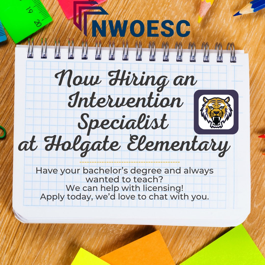 Come join us at Holgate Elementary School as an Intervention Specialist. Find out more: nwoesc.schoolspring.com/?jobid=5285772