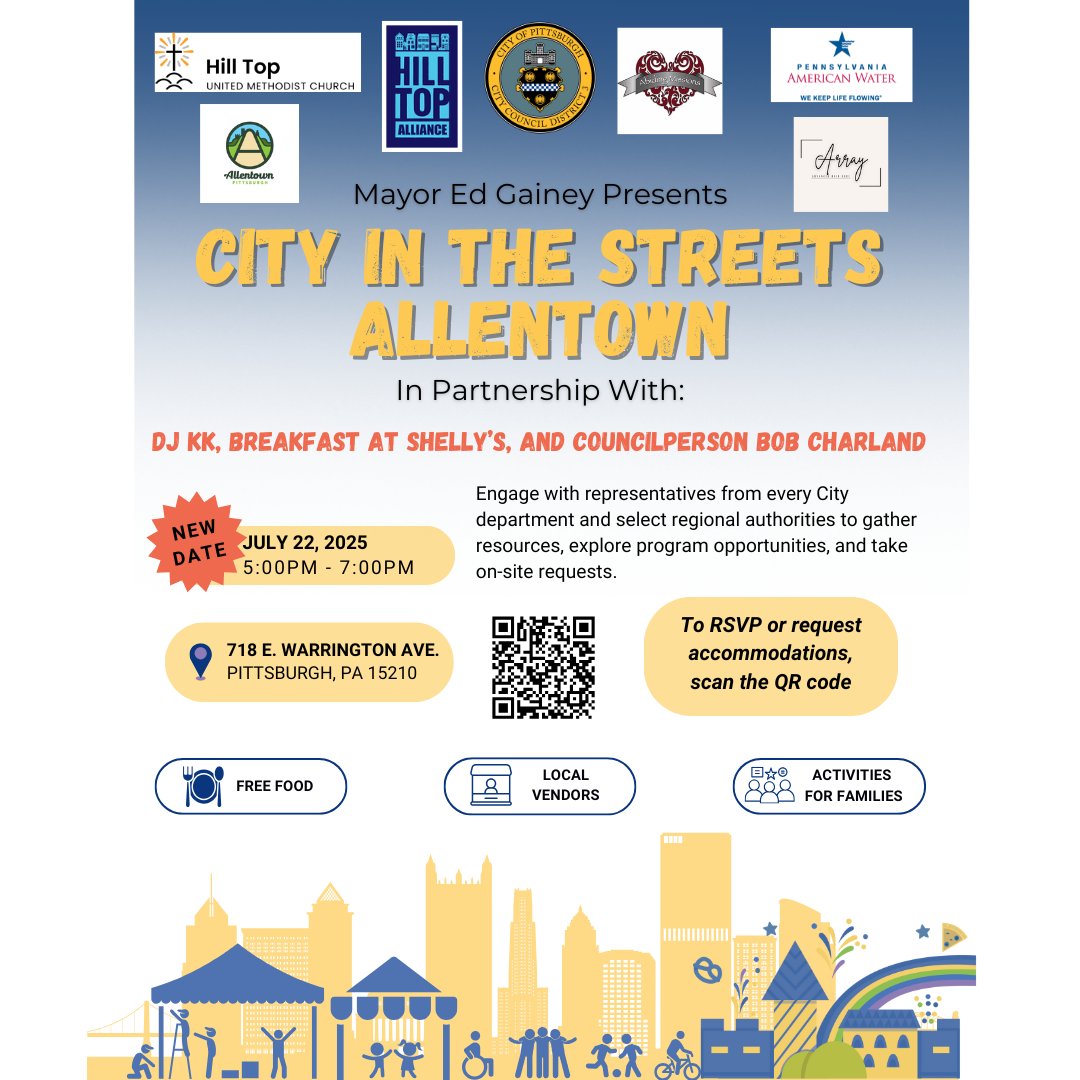 Pittsburgh's tweet image. City in the Streets is coming to ALLENTOWN! Join us for this block-party-style event where we'll have free food, live music, and fun for the entire family. This event is FREE and ALL are welcome!
RSVP by going to: engage.pittsburghpa.gov/city-streets
