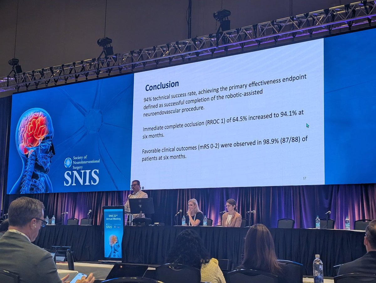 NeuroNews (@nn_publishing) on Twitter photo Six-month results from a 'world-first' study evaluating robot-assisted brain aneurysm treatments show a 94% technical success rate and an mRS 0-2 rate of 98.9% with the CorPath GRX system, according to <a href="/vitorpereiracan/">Vitor Mendes Pereira</a>'s presentation at #SNIS2025
<a href="/SNISinfo/">SNIS Info</a> <a href="/SiemensHealth/">Siemens Healthineers</a> Six-month results from a 'world-first' study evaluating robot-assisted brain aneurysm treatments show a 94% technical success rate and an mRS 0-2 rate of 98.9% with the CorPath GRX system, according to <a href="/vitorpereiracan/">Vitor Mendes Pereira</a>'s presentation at #SNIS2025
<a href="/SNISinfo/">SNIS Info</a> <a href="/SiemensHealth/">Siemens Healthineers</a>