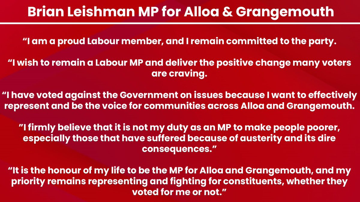 BrianLeishmanMP's tweet image. I want to take this opportunity to thank everyone who has sent their solidarity in light of today’s news of having the Labour whip temporarily suspended. Your support is incredible and it is the honour of my life to serve as the MP for Alloa & Grangemouth ❤️✊