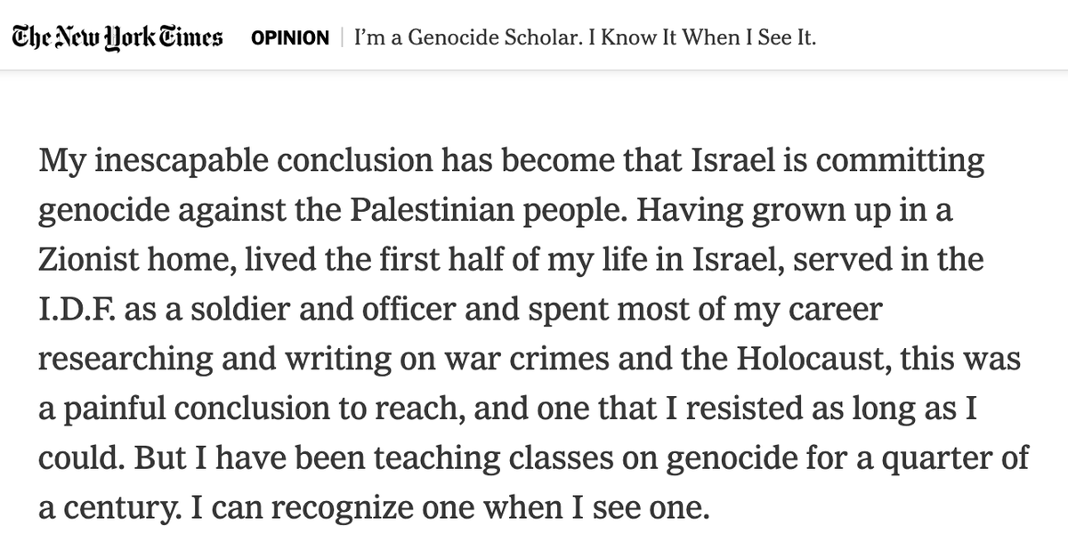 MirandaCleland's tweet image. This op-ed enrages me. For an Israeli genocide scholar to admit, just now, that Israel is committing genocide is so shameful. And for the NYT to publish it, legitimizing this voice over countless Palestinians, continues to rank Israeli comfort over Palestinian lives.