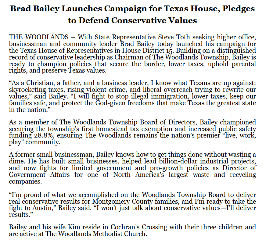 bradj_TX's tweet photo. Inbox: Brad Bailey, chairman of The Woodlands Township, launches #HD15 run after @SteveTothTX's congressional campaign launch. #txlege https://t.co/anRMBLJLwk