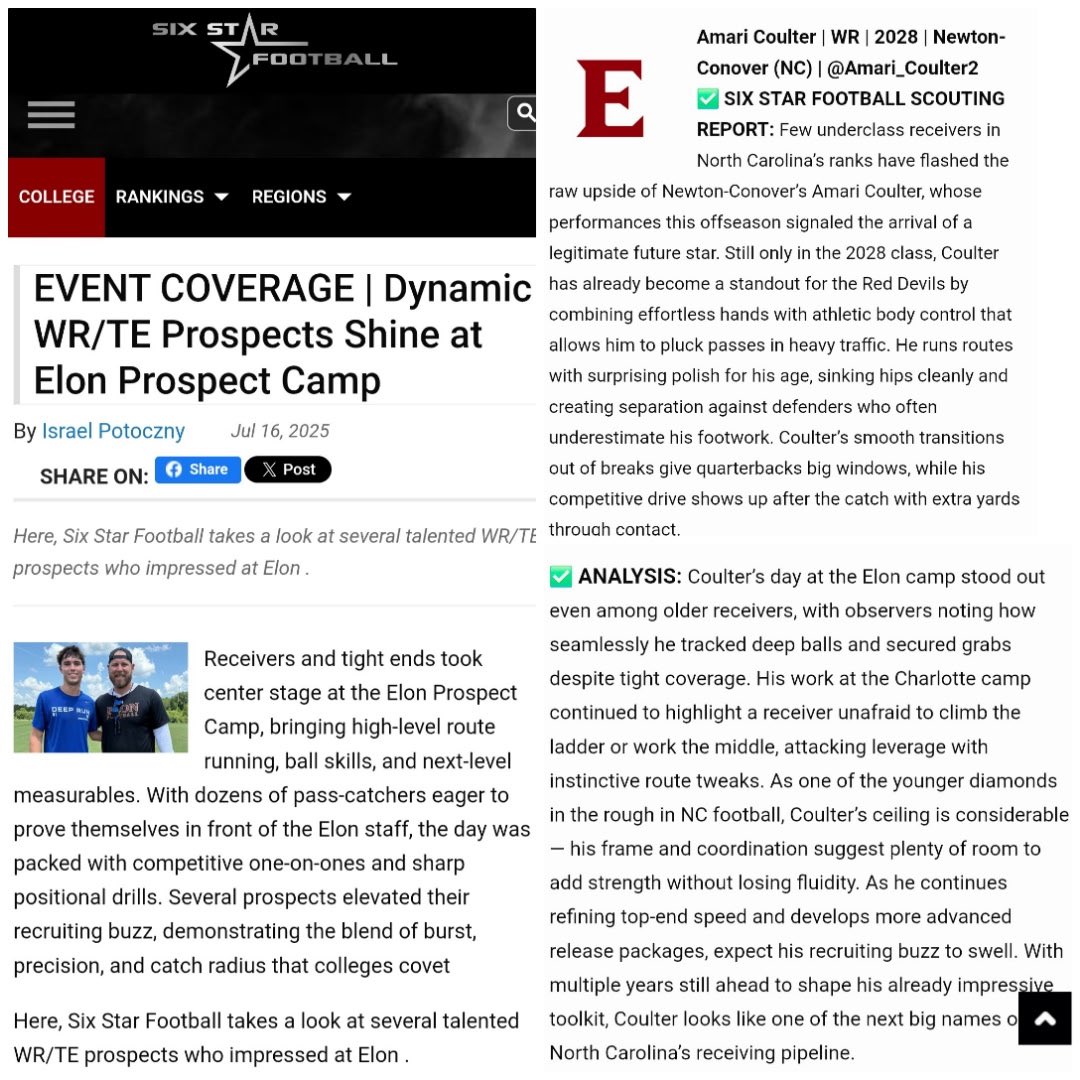 Amari Coulter (@amari_coulter2) on Twitter photo Thank you to <a href="/sixstarfootball/">Six Star Football | PLUS+</a> for the write up. Blessed🙏🏽 to be recognized as one of the top receviers at the Elon camp. Getting 1% better every day.💪🏽 <a href="/NC_RedDevils/">Newton-Conover Football</a> Thank you to <a href="/sixstarfootball/">Six Star Football | PLUS+</a> for the write up. Blessed🙏🏽 to be recognized as one of the top receviers at the Elon camp. Getting 1% better every day.💪🏽 <a href="/NC_RedDevils/">Newton-Conover Football</a>