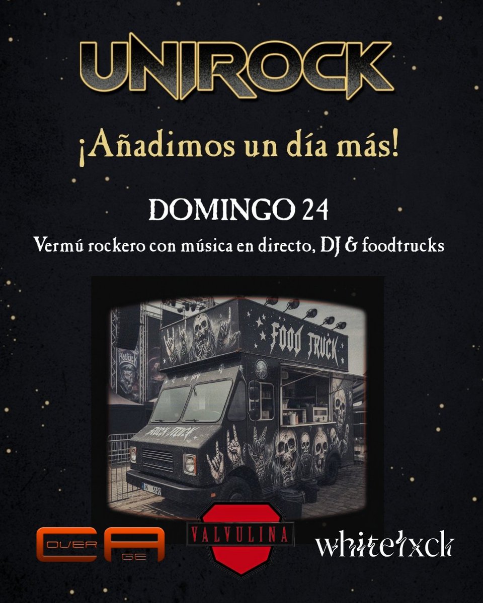 AUnirock's tweet image. NOVEDADES UNIROCK🤘🏼
Este año contaremos con un día más de actividades del Festival.

Domingo 24 de agosto. 

Sesión vermú con la música de #Coverage, #Valvulina y sesión Dj Rock y Metal a cargo de #Whitelxck, dentro de un área de descanso con foodtrucks en el recinto del festival
