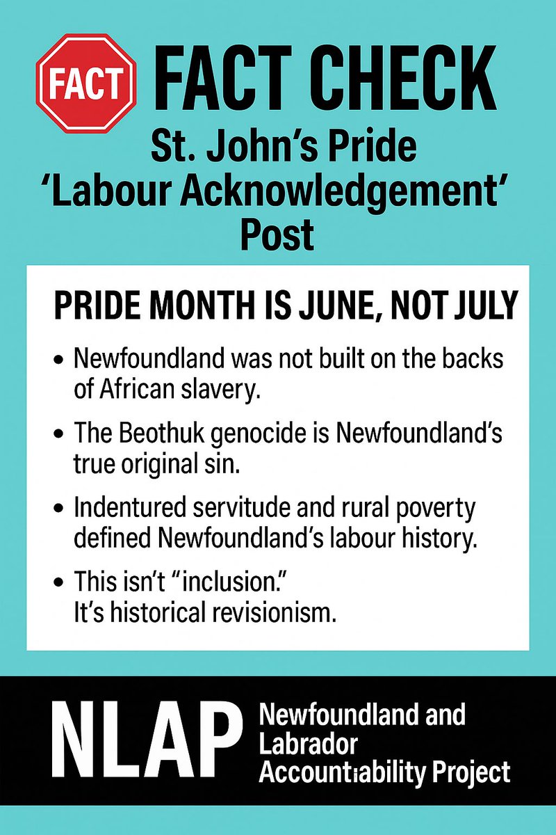 DanaMetcalfe5's tweet image. 🛑 FACT CHECK: St. John’s Pride Labour Acknowledgement 🛑
Let’s set the record straight.
1. Pride Month is June, not July. July belongs to Newfoundland’s own culture and legacy—not imported political narratives.
2. Newfoundland was not built on the backs of African slavery.…
