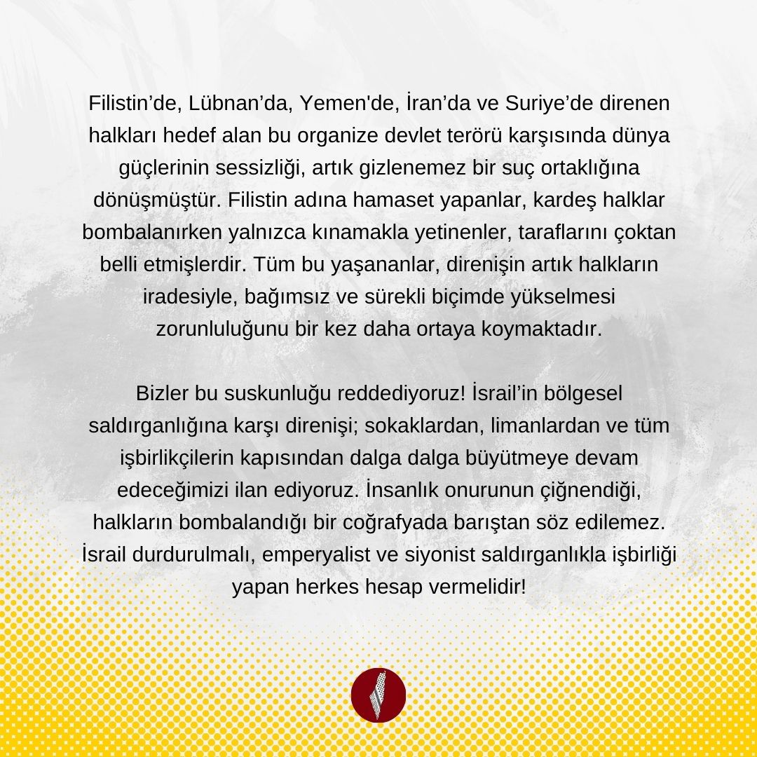 🔴 SİYONİST VE EMPERYALİST SALDIRGANLIĞA KARŞI KARDEŞ SURİYE HALKININ YANINDAYIZ!

İsrail'in Suriye'deki işgal girişimlerine şimdi de Şam’ı hedef alan hava saldırıları eklendi. Siyonist rejimin Suriye’deki halklar arasında düşmanlık ve kargaşa tohumları ekmeye çalışması, bu