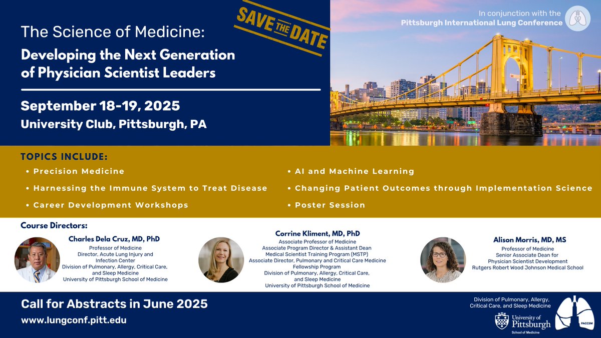 Physician-scientists, mentors, MD/PhD student/trainees-we have the conference for you! Topics on precision med, AI, changing patient outcomes + career networking, workshops &amp; more! Submit your abstract to lungconf.pitt.edu &amp; register today! <a href="/atsearlycareer/">ATS Early Career</a> <a href="/MedEdPGH/">MedEd Pittsburgh</a>