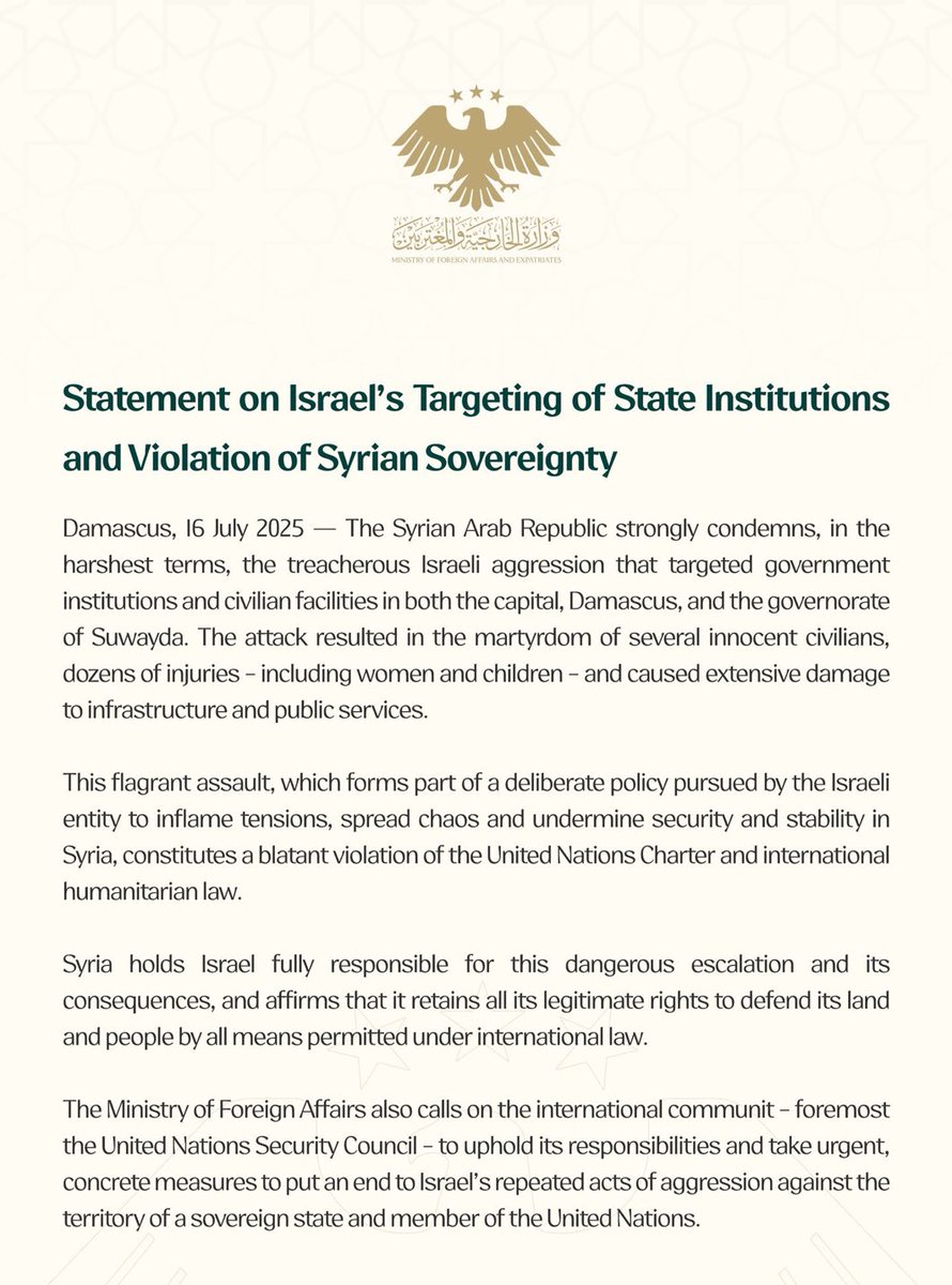 Shah Faisal AfRidi (@sfaisalafridi) on Twitter photo Syria condemns Israeli strikes on Damascus and Suwayda, calling them a violation of sovereignty and international law. Syria condemns Israeli strikes on Damascus and Suwayda, calling them a violation of sovereignty and international law.
