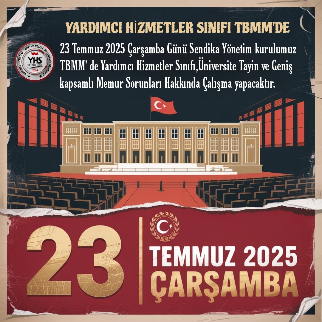 23 Temmuz 2025 Perşembe Günü Sendika Yönetim kurulumuz #TBMM 'de #YardımcıHizmetlerSınıfı #ÜniversiteTayin ve Geniş Kapsamlı #MemurHakları Çalışmalarında bulunacaktır.
Güçlü Bir Gelecek İçin <a href="/yhsegitimsen/">Yardımcı Hizmetler Sınıfı Eğitim Sendikası</a> 

<a href="/Olcay_Celik/">Olcay Çelik</a>
<a href="/SercanKaraboga_/">Sercan KARABOĞA</a> <a href="/musadurdu28/">Musa Durdu</a> <a href="/ERSNATLI5834/">ERSİN ATLI</a> <a href="/ksinan18/">Sinan KAYA</a>