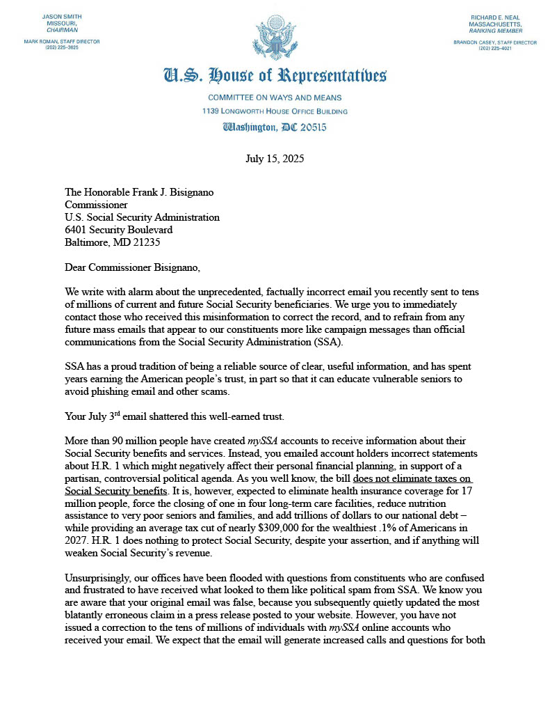 RepJohnLarson's tweet image. 90 million Americans were recently sent an email falsely claiming "no tax on Social Security" is now law.
While some seniors may see a benefit, many won't get a tax cut at all. The President's bill actually moves up insolvency!
@SocialSecurity needs to correct the record NOW.