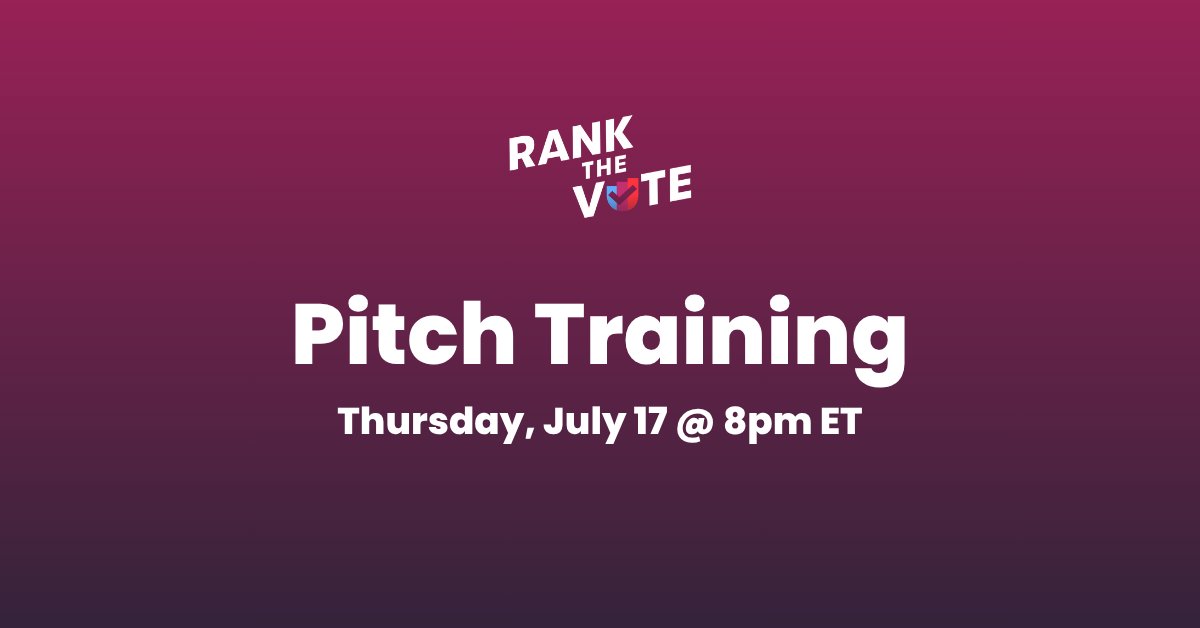 RankTheVoteUSA's tweet image. Learn how to pitch #RankedChoiceVoting when canvassing on the street or at an event!
Join us tomorrow night for a pitch training from a Rank the Vote National Organizer:
🗓️ Thursday, July 17
🕖 8pm
📍 Zoom
RSVP: rankthevote.nationbuilder.com/rank_the_vote_…
