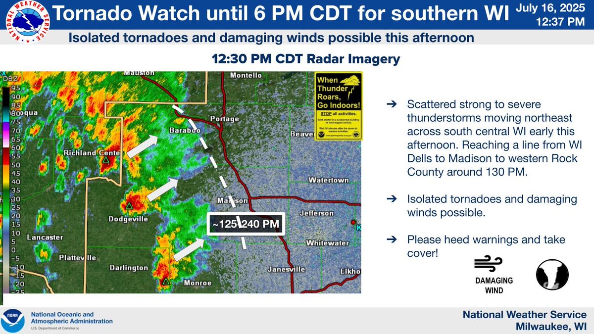 NWSMilwaukee's tweet photo. Scattered strong to severe thunderstorms moving northeast  across south central WI early this afternoon. Reaching a line from WI Dells to Madison to western Rock County around 130 PM.  Please heed all warnings and take cover! #swiwx https://t.co/NzSf3B28FN