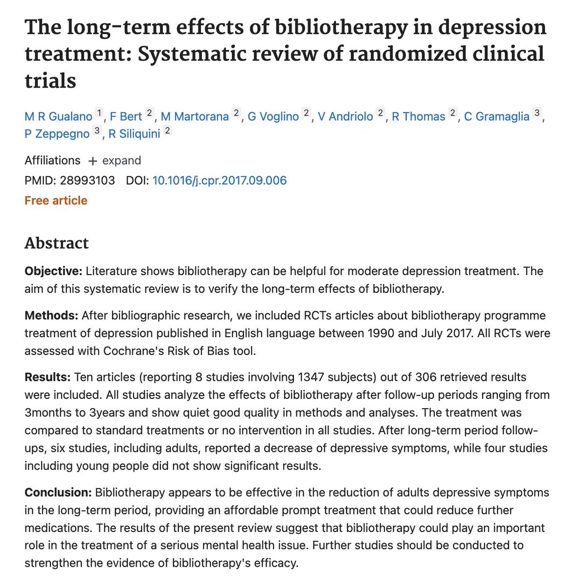 Feeling sad?

Pick up a book.

A review of 8 studies and 1,347 participants found that reading books is effective at reducing symptoms of depression in adults.