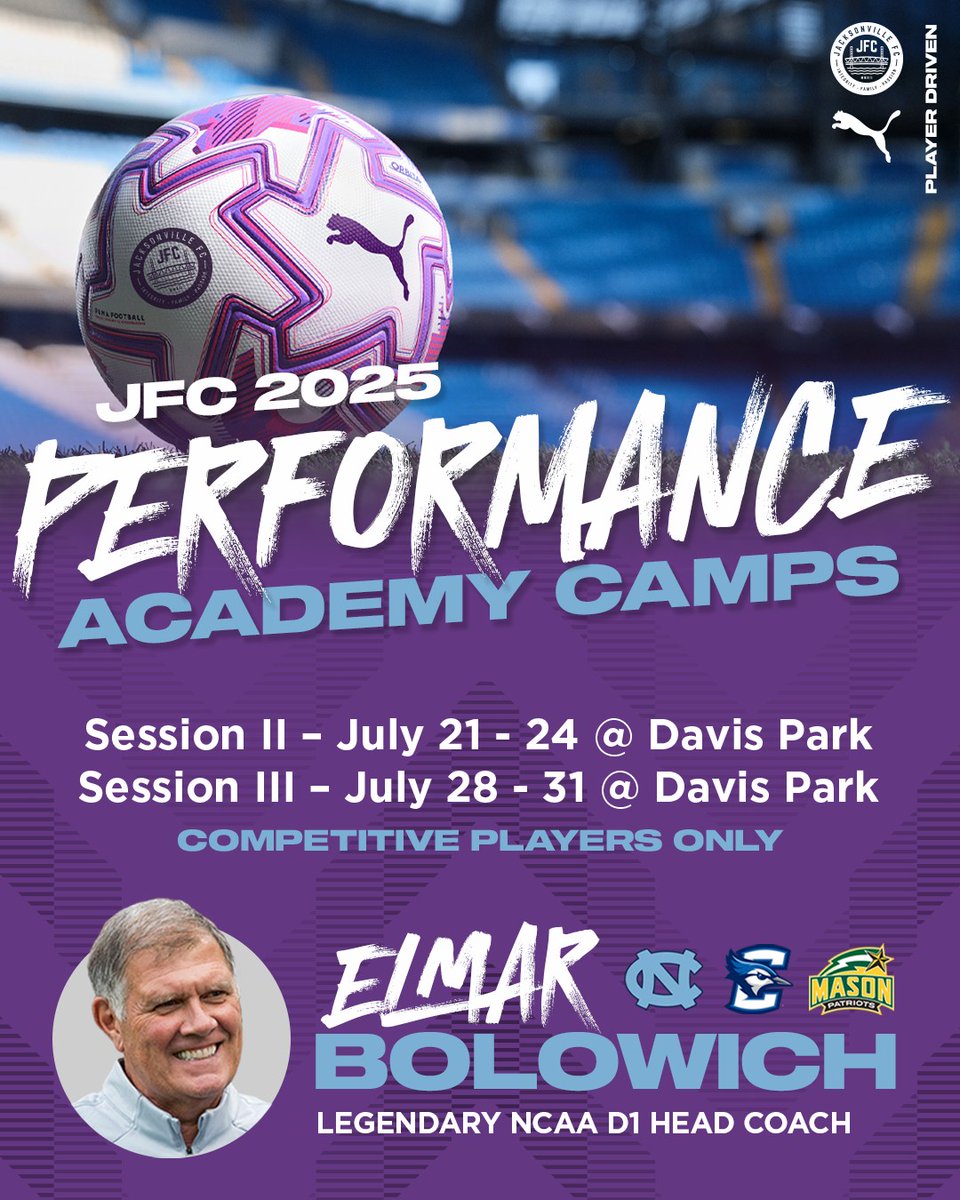 jacksonville_fc's tweet image. ⚠️ Only a Few Spots Left ⚠️
This is your last chance to train with one of the most respected NCAA D1 coaches in the country, Elmar Bolowich, at our final two JFC 2025 Performance Academy Camps.
Davis Park
Session II: July 21–24
Session III: July 28–31
Competitive Players Only…