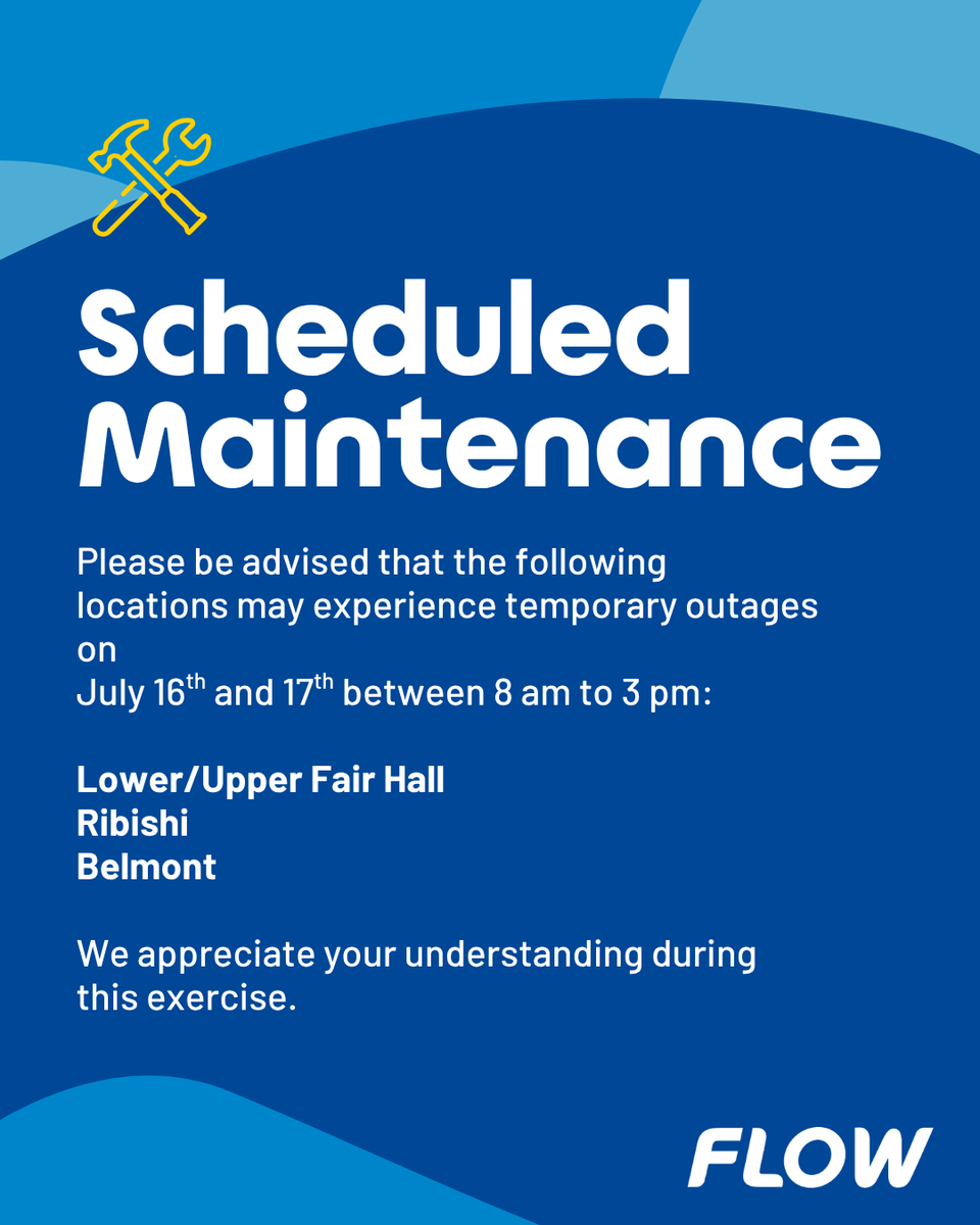flowsvg's tweet image. Our team is performing essential maintenance today and tomorrow between 8 am and 3 pm. Customers in Lower and Upper Fair Hall, Ribishi, and Belmont may experience temporary service interruptions. We appreciate your understanding as we work to keep you connected!