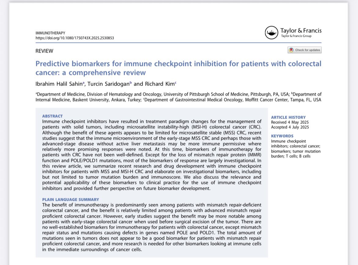 Ibrahim Halil SAHIN, MD (@ibrahimsahinmd1) on Twitter photo ✳️Excited to share our paper with Dr Richard Kim ❗️
In this paper, we summarized and elaborated on predictive biomarkers of immunotherapy for patients with colorectal cancer❗️
<a href="/CrcTrialsChat/">#CRCTrialsChat</a> <a href="/colontown/">COLONTOWN</a> <a href="/paltown1/">PALTOWN Foundation</a> <a href="/FightCRC/">Fight Colorectal Cancer</a>
Few take-home messages
👇
shorturl.at/YWI76 ✳️Excited to share our paper with Dr Richard Kim ❗️
In this paper, we summarized and elaborated on predictive biomarkers of immunotherapy for patients with colorectal cancer❗️
<a href="/CrcTrialsChat/">#CRCTrialsChat</a> <a href="/colontown/">COLONTOWN</a> <a href="/paltown1/">PALTOWN Foundation</a> <a href="/FightCRC/">Fight Colorectal Cancer</a>
Few take-home messages
👇
shorturl.at/YWI76
