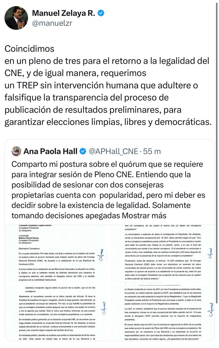 Querida <a href="/APHall_CNE/">Ana Paola Hall</a>: 

Si la repostea <a href="/manuelzr/">Manuel Zelaya R.</a>, POR AHÍ NO ES.

Si sus posturas coinciden con las de Mel, POR AHÍ NO ES. 

Sé que la presionaron con artimañas y amenazas toda la noche para que renunciara, y que posiblemente ahorita esté redactando su renuncia, pero todavía está