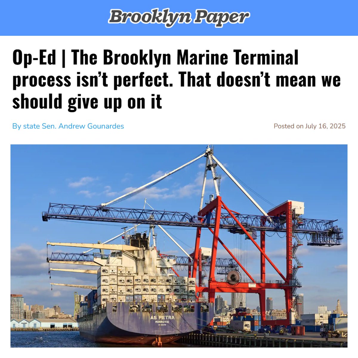 Sen_Gounardes's tweet image. We have an opportunity to transform the Brooklyn Marine Terminal into a modern port with new parks, industrial space, and thousands of affordable homes.
The plan before us isn't perfect. But it’s our best shot at a Terminal that meets our city's needs.
brooklynpaper.com/op-ed-bk-marin…