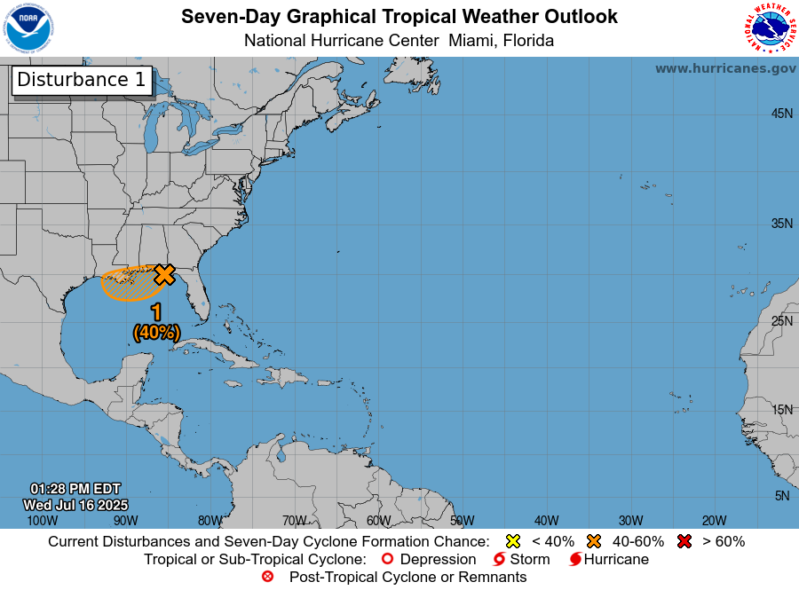 NHC_Atlantic's tweet image. 2pm 7/16: A low pressure area (Invest #93L) located near the coast of the Florida Panhandle is forecast to move westward to near the southeast coast of Louisiana on Thursday. Environmental conditions are generally favorable for some development, and a tropical depression could…