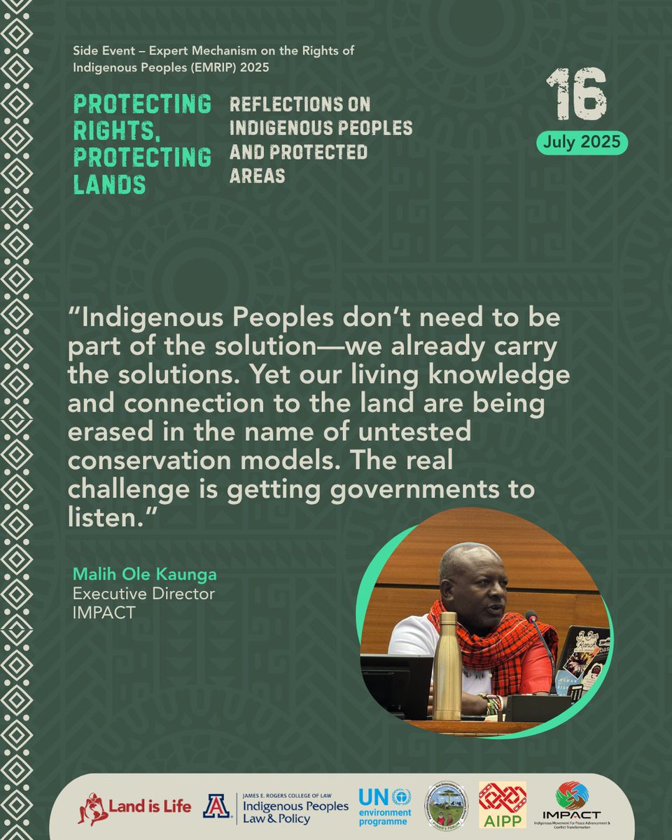 🌿 "Conservation cannot come at the cost of Indigenous Peoples rights."
At this side event during #EMRIP2025, Indigenous leaders, legal experts, and human rights defenders exposed the ongoing human rights violations linked to protected areas. <a href="/iplp/">UA IPLP Program</a>