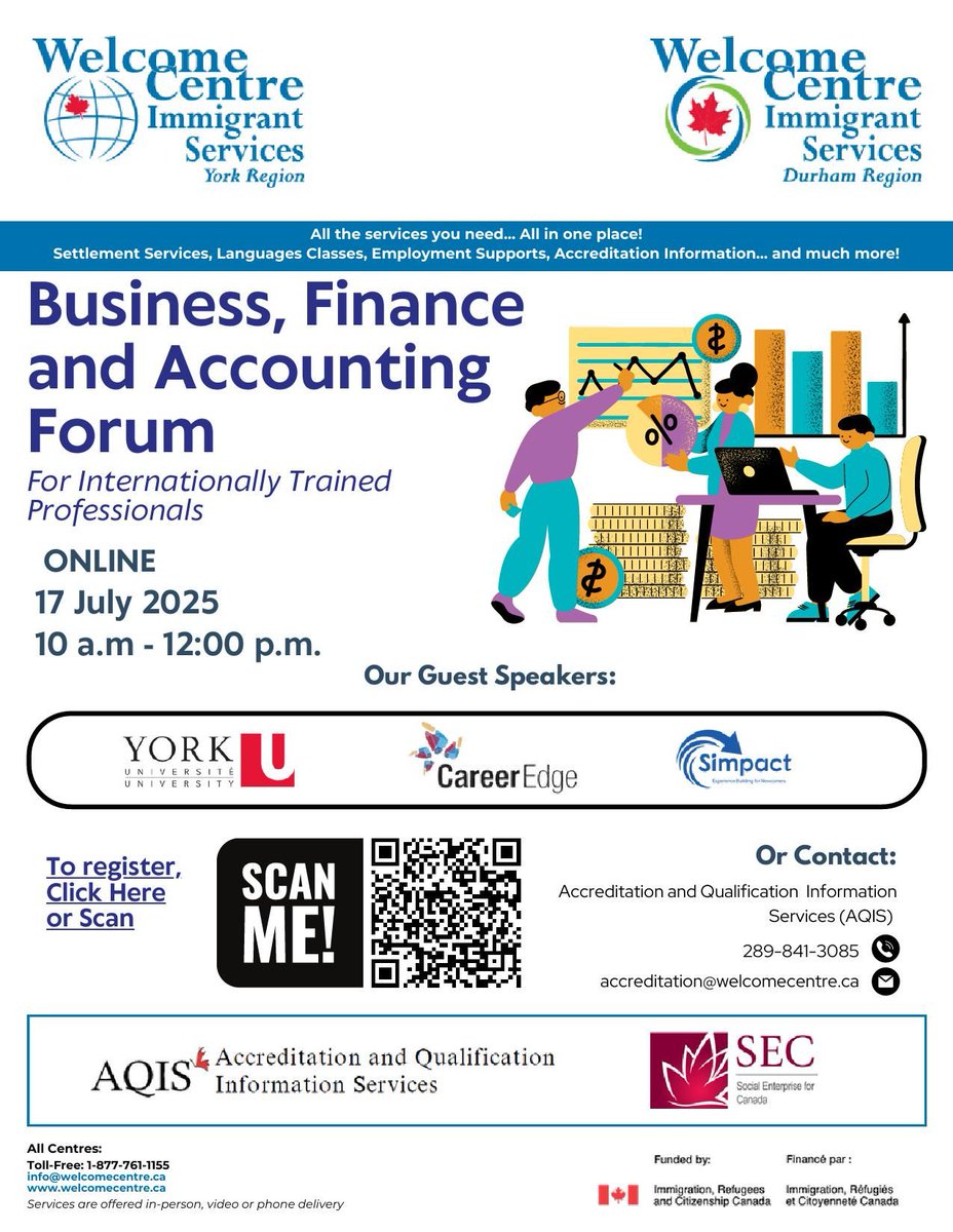 The free, online #Business, #Finance, &amp; #Accounting Forum by The Accreditation &amp; Qualification Information Services tomorrow is a great opportunity for newcomers to explore professional pathways in Canada. Register at buff.ly/FJBLotQ 

#AQIS #CareerSupport <a href="/durham_york/">Welcome Centre Immigrant Services - Durham & York</a>