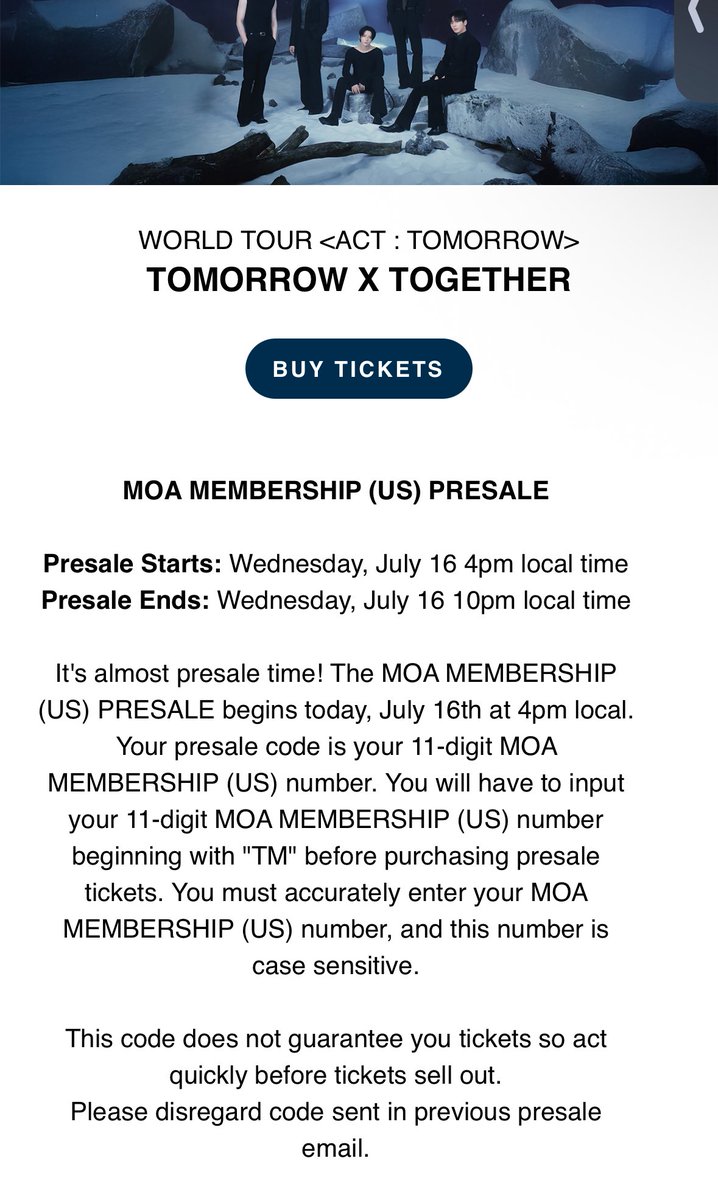 tinselkoo's tweet photo. MOAS!! AEG presents sent out a correction email clarifying the presale code issue. disregard the first email and use ur moa ID https://t.co/4VVErUBdax