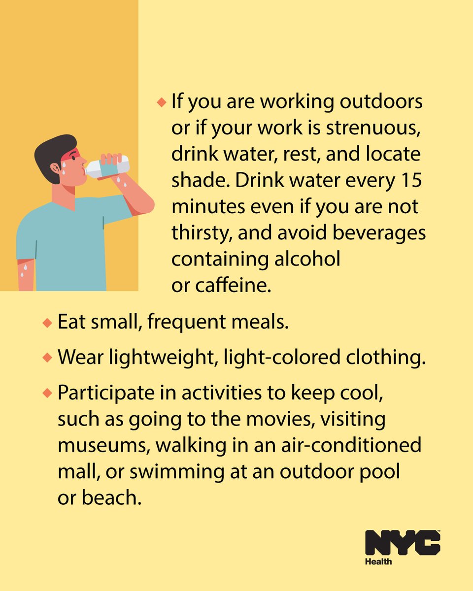 It's hot out there, New Yorkers! 😓

A heat advisory is currently in effect for NYC through 10 p.m. on Thursday, July 17. 

Stay cool and safe by following these tips: nyc.gov/beattheheat