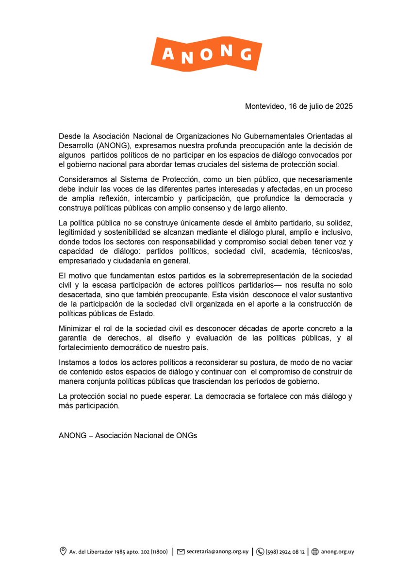 Posicionamiento de Anong ante la negativa de algunos partidos políticos de no participar del diálogo social.<a href="/AnongUruguay/">ANONG</a>