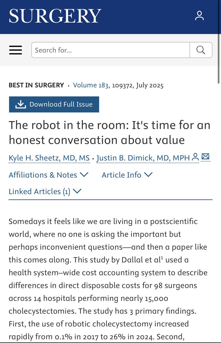 Best in Surgery this month:

Impact of the robotic platform &amp; surgeon variation on cholecystectomy disposable costs-More is not better

surgjournal.com/article/S0039-…

The robot in the room: It’s time for an honest conversation about value

surgjournal.com/article/S0039-…

#SoMe4Surgery