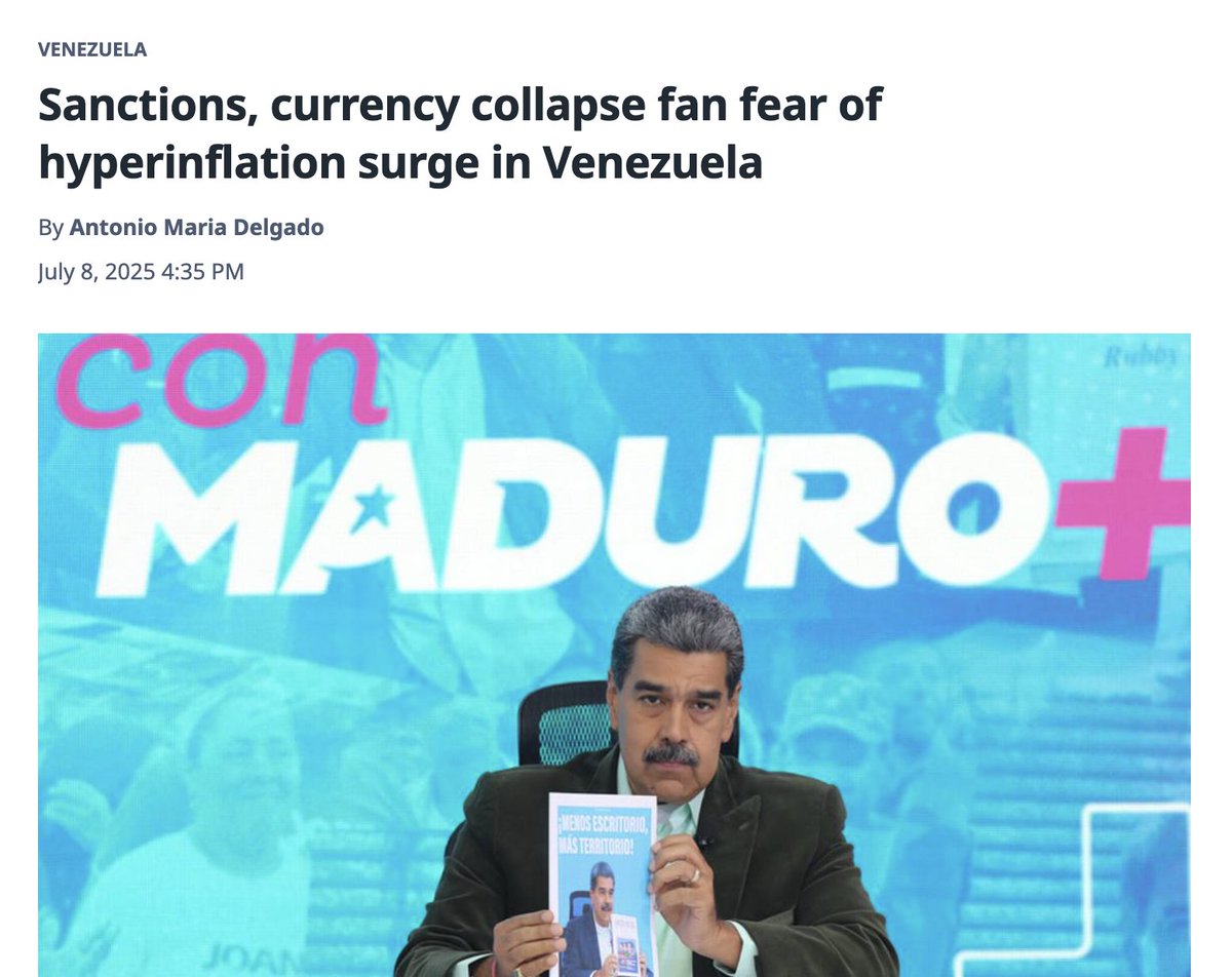 The Venezuelan bolívar is losing an average of 13% of its value every month in 2025.

At that pace, 100 bolívars in January will be worth just 19 by December. That’s Venezuela’s inflation.

The regime’s response?

Print more money and jail anyone who reports the truth.