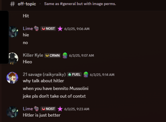 irlkunigami's tweet photo. Making hitler jokes and then thinking its ok is insane man ppl who play ocean terror look at ts the owner and their members do ts like bsfr 💔 https://t.co/oDFYxfDWzD