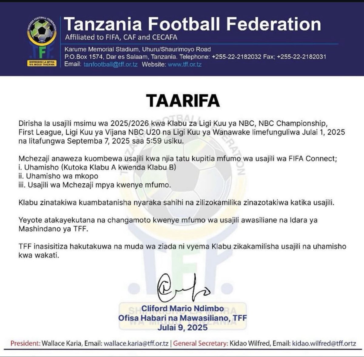 PKishamba's tweet photo. Dirisha la usajili limefunguliwa kwa miezi miwili 

Kuanzia JULAI 1 mpaka Septemba 7 2025.

Muda wa kujua mbivu na mbichi umefika 😄

TFF imetoa tahadhari kwa vilabu kuwa hakutakua na muda wa nyongeza. https://t.co/HdZ01CRfuQ