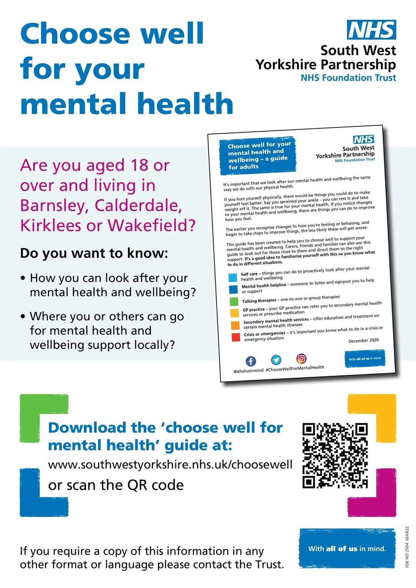 It’s important that we get the right support at the right time for our mental health and wellbeing. Unsure where to go for help? Look at our Choose Well for Mental Health guide which gives examples of how a person may be feeling and the support available 👉buff.ly/3CFbWDU