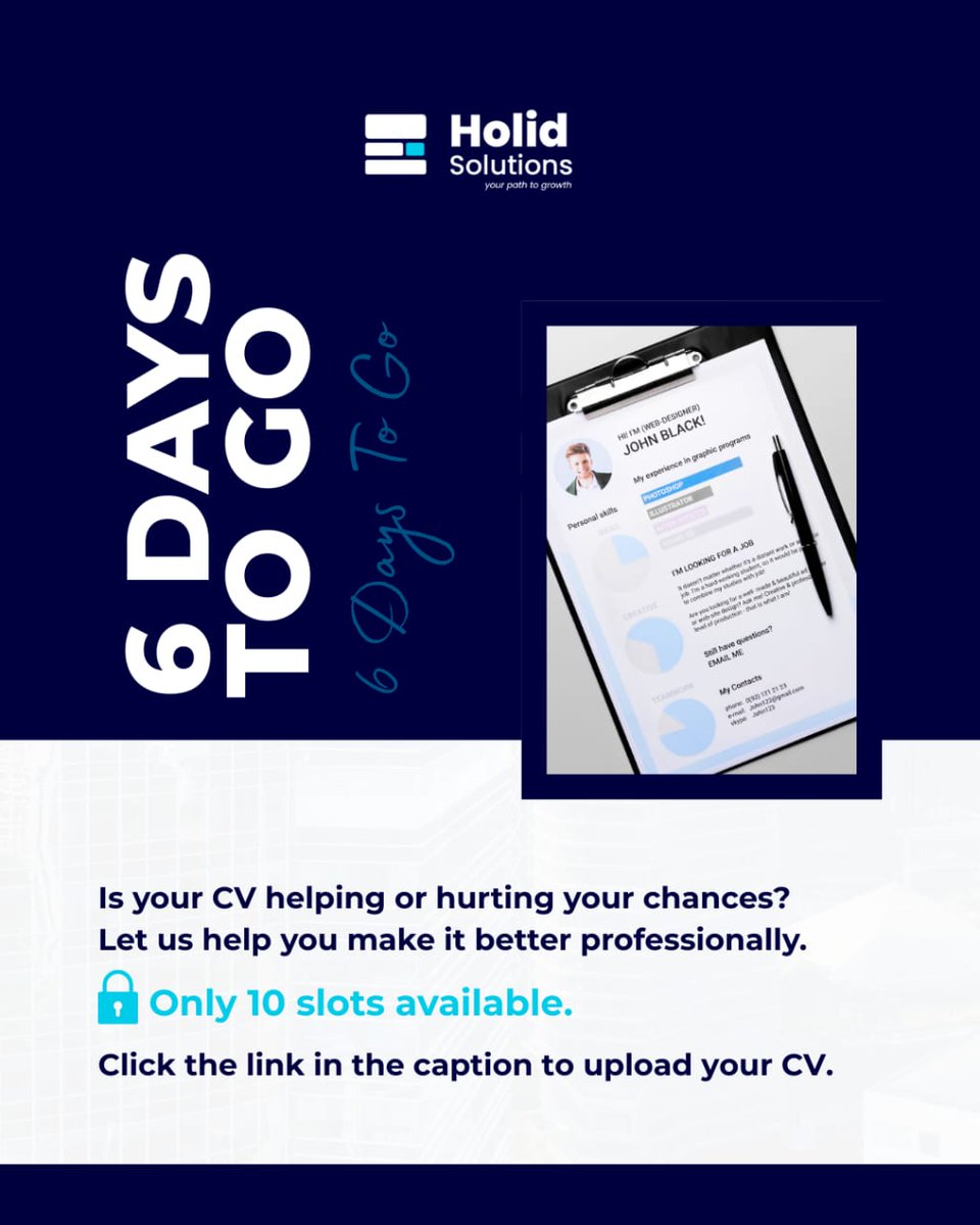 HolidSolutions's tweet photo. 🚨 6 Days Left!
We’re offering FREE CV Optimization to 10 lucky people 🎯
Stand out. Get noticed. Land the job.

Apply here 👉 https://t.co/sgroiqOcNl
#HolidSolutions #CVHelp #CareerGrowth #FreeCVReview #YourPathToGrowth https://t.co/Dtts4qkikR