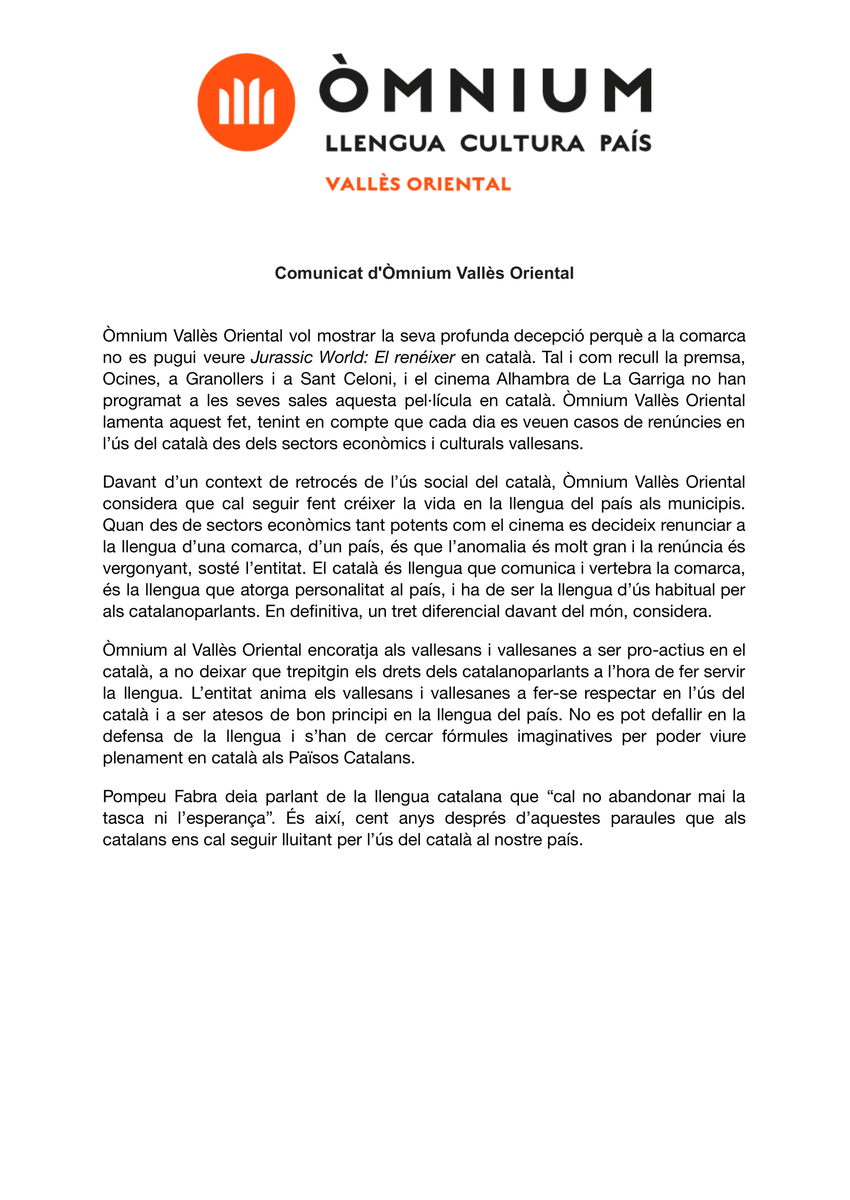 Des d’Òmnium Vallès Oriental denunciem que cap cinema de la comarca projecta "Jurassic World: El renéixer" en català.
🎬 Volem cinema en català, també al Vallès Oriental!
📎 omnium.cat/ca/comunicat-d… 

#CinemaEnCatalà #ÒmniumVallèsOriental