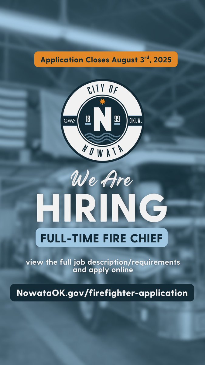 nowata's tweet image. 🚨Career Opportunity - Fire Chief 🚨

The City of #nowata is now accepting applications for the position of full-time Fire Chief with the Nowata Fire Department.

Applications will be accepted until August 3rd, 2025.

🔗 Apply Online -  nowataok.gov/fire-chief-job…