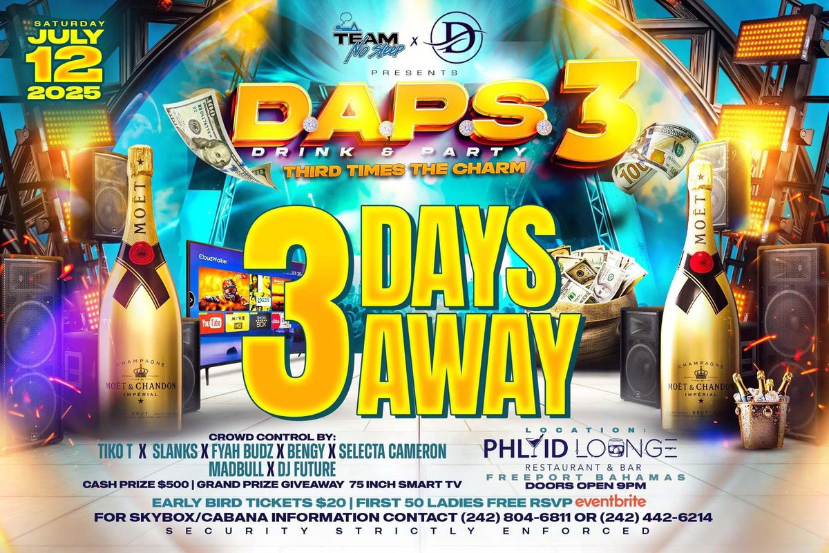 🚨 DAPS WEEK IS HERE! 🚨
🔥 JUST 3 DAYS AWAY 🔥

🎟️ Early Bird Tickets: ONLY $20 ‼️
📍 Get Yours @
🍦 Get Your Ice Cream
💈 Gentlemen’s Barber Shop

DON’T SLEEP 😤
YES YOU 🫵 GRAB THAT TICKET NOW‼️

🚪 MORE AT THE DOOR ‼️
GET THERE EARLY 💃
ROLL DEEP W/ YA CREW 👥