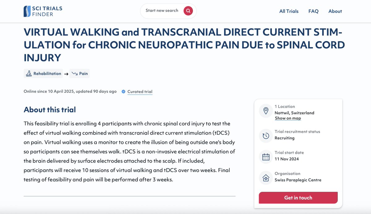 🚀 A new study conducted at the Swiss Paraplegic Centre in Nottwil, Switzerland has climbed into the #Top5 most inquired trials on SCITrialsFinder.NET this quarter (Q2: April 1 – June 30, 2025)!

Explore the trial here 👉 scitrialsfinder.net/trials/NCT0671…