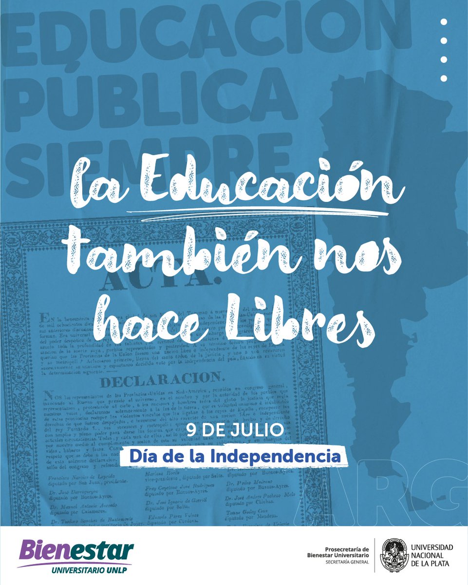 BienestarUNLP's tweet photo. ¡Viva la Patria!🇦🇷

En 1816, representantes de las Provincias Unidas del Río de la Plata declararon nuestra Independencia, rompiendo lazos con la corona española.

La educación no solo es un derecho esencial, sino también una herramienta clave para el progreso de nuestro País. https://t.co/TvhLEguJ5e